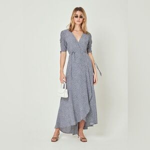 Auguste The Label River Della Maxi Dress Blue Print Short Sleeve Wrap US 4